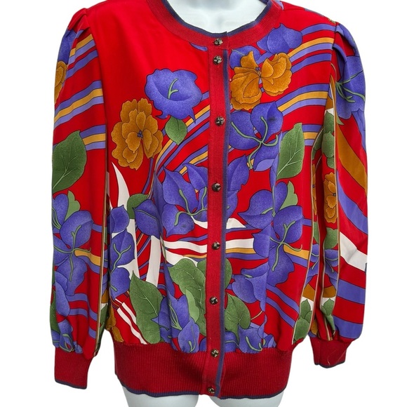 Vintage ladies Robert Janan red floral snap button jacket size Small - Picture 2 of 9